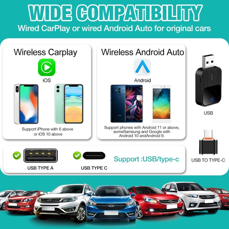 Wireless CarPlay Adapter, Android Car Wireless Adapter, Type-C/USB Plug Play