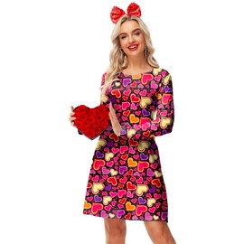 Womens Heart Dress Long Sleeve Valentines Dresses Crewneck Casual Party Outfits L