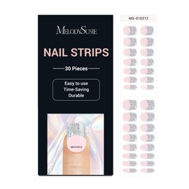 MelodySusie 30PCS Semi Cured Gel Nail Strips (Sliver Glitter French Tips), Works with Nail lamp, Salon Quality, Long Lasting, Easy to Apply and Remove, Includes 2 Prep Pads, Nail File and Wooden Stick