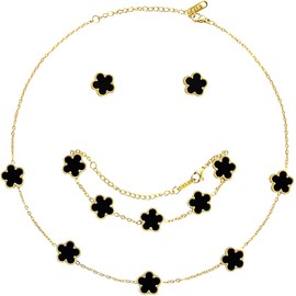 OSIRIDEH2 Lucky Clover Necklace Jewelry Sets,18K Gold Plated Flower Design Five Leaf Bracelet,Clover Necklace Pendant,Clover Earrings for Women Lucky, 4 Leaf Clover Necklace, Large, Stainless Steel,