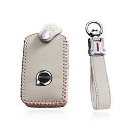 SANRILY Cowhide Leather Key Fob Cover for Volvo XC90 2017 2018 2019 XC60 S90 V90 Key Fob Keyless Full Protection Smart Key Case with Keychain Beige