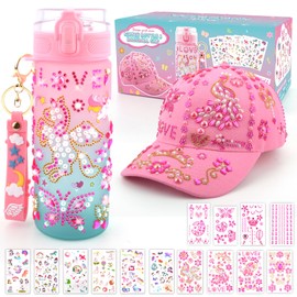 Christmas Gifts for Girls DIY Water Bottle and Baseball Cap, Xmas Birthday Gift Girls 4 5 6 7 8 9 10 11 12 Years, Craft Set Children DIY Cap with Gemstone & Stickers