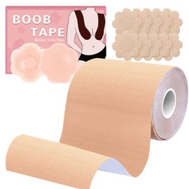 BEWTEIM Boob Tape for Breast Lift, 4 inch Bob Tape for Large Breasts Roll, Boobytape for Breast Lift Plus Size D-G Cup, Push Up Tape for Strapless Dress w 1 Pair Silicon Nipple Covers 5 Pairs Satin Brestals Light Skin