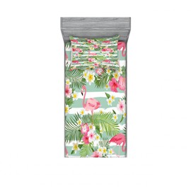 Ambesonne Flamingo Fitted Sheet & Pillow Sham Set, Flamingos with Exotic Hawaiian Leaves Flowers on Striped Vintage Background, Decorative Printed 4 Piece Bedding Decor Set, Twinxl, Pink Green