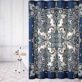 Serafina Home Boho Shower Curtain, Navy Teal White Mandala Floral Design, Fabric, 72 x 72 inches, Stain-Resistant, Paisley Pattern, with Hooks