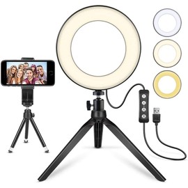 LED Ring Light 6" with Tripod Stand for Desk YouTube Video and Makeup, Mini Camera Light with Cell Phone Holder Desktop LED Lamp with 3 Light Modes & 11 Brightness Level (6 inch)