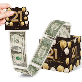 Azbuk Cute 21st Birthday Gifts for Women, Birthday Money Box for Cash Gift with Pull Out, 21st Birthday Party Surprise Gift Black Gold Box for Friends Coworkers(with 35PCS Bags)