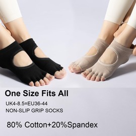 Ruayia Non-Slip Half Toe Yoga Socks, Pilates, Socks, Non-Slip Socks, Breathable Socks for Fitness, Ballet, Kickboxing, 1 black + 1 light brown
