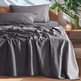 SONORO KATE 100% French Pure Linen Sheets, Breathable and Durable Line Full Size Sheets, Anti-Tear Line Bed Sheets, Machine Washable, 16 Inch Deep Pocket - 4 Piece (Dark Grey, Full)