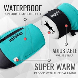 devembr Ski Mittens with Wrist Guards, Warm Snowboard Mittens, Waterproof, Teal, M