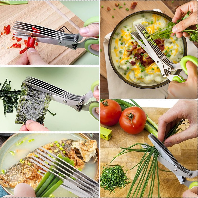 Herb Scissors,5-Blade Stainless Steel Kitchen with Safety Cover and Cleaning