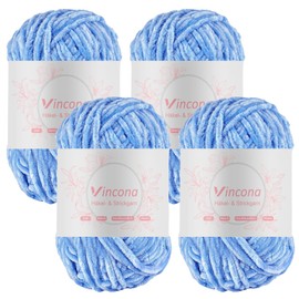 Vincona Chenille Yarn 4 x 100g Super Soft Chunky Yarn for Knitting and Crochet Yarn Clothes, Handbag, Shoes Hats Sweaters Blankets Scarves，DIY- Ideal for Beginners Adults Light Blue