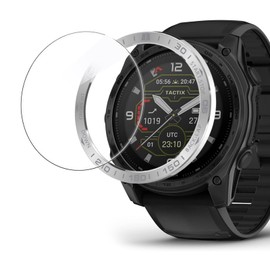 Compatible for Garmin tactix 8 Bezel Ring, Lamshaw Stainless Steel Bezel Ring Adhesive Cover with Tempered Glass Screen Protector Compatible for Garmin tactix 8 51mm SOLAR AMOLED, 47mm AMOLED Smartwatch (Silver&Gray, Tactix 8 51mm Solar)