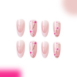 24PCS Flower Press on Nails Almond Short Fake Nails Pink Glitter French Tip Glue Acrylic Nails Full Cover Spring Summer False Nails Floral White Designs Nails Art Decoration for Women