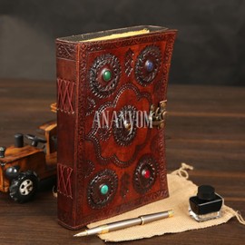 ANANYOM Handcrafted Leather Journal for Writing 5 Stone 10x7 inches Hand Embossed Design 200 Pages,Sketchbook with Brass Clasp Lock, Embossed Journal for Men & Women, Office Journal Deckle Edge