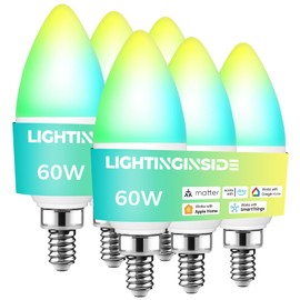Lightinginside Matter E12 LED Bulb, Smart Light Bulbs 6 Pack 60W Equiv., Compatible with Alexa/Apple Home/Google Home/SmartThings, RGBCW Candelabra Candle Bulbs, 2.4G WiFi, ETL Listed, Hub Required