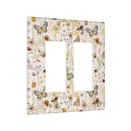 Vintage Butterflies Double Rocker Wall Plates Colorful Wildflower 2 Gang Light Switch Cover Decorative Cute Bees GFCI Electrical Switchplate Beige Flower Leaves Dimmer Decor for Bedroom Kidroom