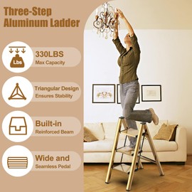 Foldable 3 Step Stool for Closet/Kitchen-Aluminium Gold Step Ladder Steps Stools, Folding 330lbs Lightweight Ladders with Anti-Slip Wide Pedal, Portable Kids/Adults Ladder