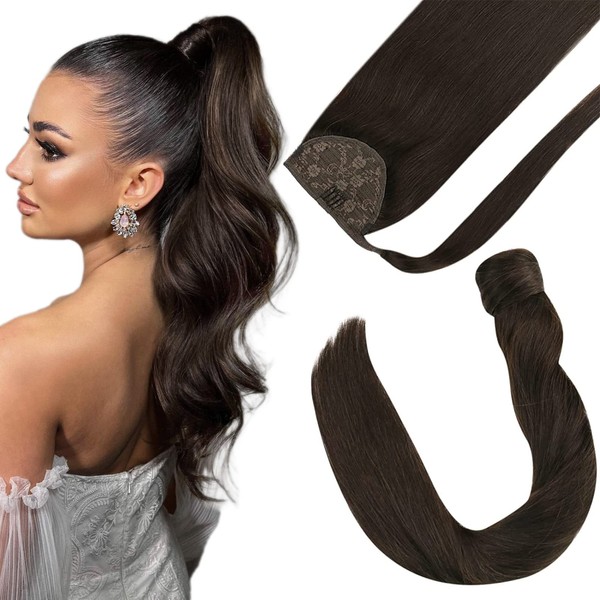 Sunny Brown Ponytail Human Hair Extensions Clip in Ponytail Brown Hair Extensions For Women Wrap Around Ponytail Remy Human Hair Extensions Dark Brown Hairpiece 16inch 80g
