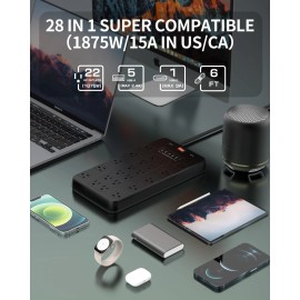 Fdtek Surge Protector Power Strip, 22 AC Multiple Outlets with 6 USB (1 USB-C), 6.5...