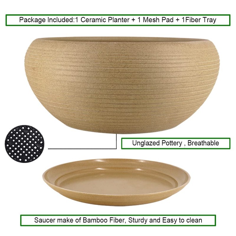 MUZHI 9.5” Round Large Ceramic Bonsai Bowl Planter，Clay Succulent Plant