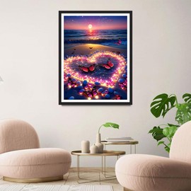 QINRUBB DIY Love Heart Diamond Painting Adults, 5D Beach Diamond Painting Pictures Beginners, Round Valentine's Day Full Drill Diamond Painting Embroidery Cross Stitch Gifts Home Wall Decor 30 x 40 cm