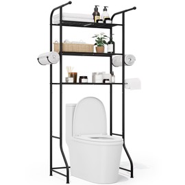 JUKAMO 3-Tier Over The Toilet Storage Shelf，Bathroom Organizers and Storage Over Toilet，Metal Bathroom Space Saver with 2 Bars，1 Paper Holder and 4 Hooks,Black