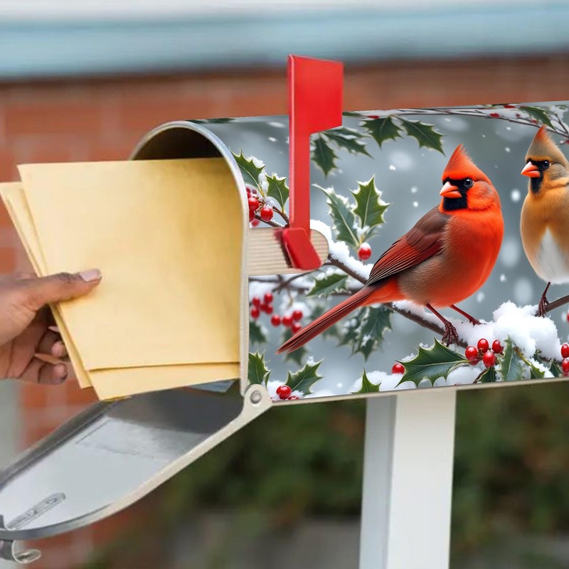 Winter Cardinal Birds Mailbox Cover - Magnetic Standard Size 18"