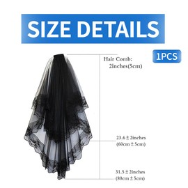 SCJJZ Veil, Black Long Lace Wedding Dress, Halloween Bridal Veil, Black Gothic Veil for Women 2-Layer Embroidered Veil with Comb