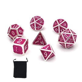 DollaTek 7pcs Polyhedral Metal Dice Set with Black Storage Bag for Role Play Dungeons and Dragons D & D Math Teaching (Shiny Rose Red)