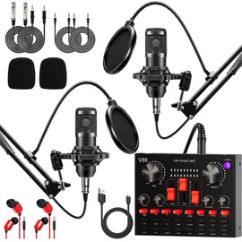 FOLTUSYMY Podcast Equipment Bundle for 2, Audio Interface with Cardioid Designer BM800 Mic for Gamer and All-in-One DJ Mixer, Perfect for Live Streaming, Singing, YouTube