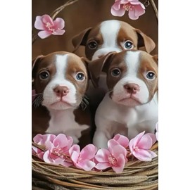 Notebook: Three Cute Brown and White Pitbulls with Pink Flowers - 6x9 Lined Journal Notebook 120 Pages, Perfect for dog lovers, Pitbull owners, or ... appreciates charming, eye-catching designs.