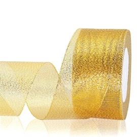 OZXCHIXU 2 Inches Wide Gold Glitter Ribbon, 25Yards Sparkly Metallic Ribbon for Gift Wrapping, Balloons, Crafts, Sewing, DIY Decor, Holiday Wedding Birthday Party Decoration Floral Bouquet.