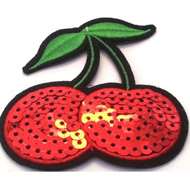 Gltzer Cherry Rhinestone Glitter Sew-On Badge / Iron-On Patch with Sequins Glitter for Dresses Women 7.5 x 6.5 cm