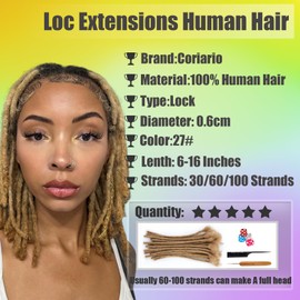 Coriario Honey Blonde Locs Extensions Human Hair 8 Inch 30 Strands 0.6cm Dreadlock Human Hair Dread Locks Extensions for Men/Women/Kids 27#