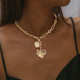 Clearine Chunky Gold Necklace for Women, Trendy Double Love Heart Sunflower Charm Choker Pendants Necklaces for Summer Beach Jewellery Accessories Hip Hop Gift Multicolor Gold-Tone