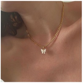 Yheakne Boho Butterfly Pendant Necklace Thin Figaro Chain Necklace Punk Choker Necklace Gold 3D Butterfly Necklace Chain Jewellery for Women and Girls, Metal