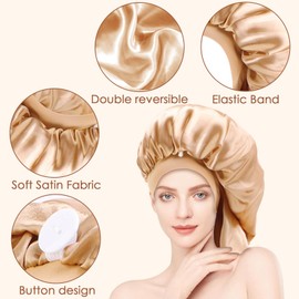 Adorila Long Satin Bonnet for Women, Double Layer Silk Bonnet with Stretchy Band, Sleeping Cap with Button for Braids Curly Hair (Gold)