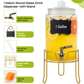 DHSBTLS 1 Gallon Glass Drink Dispensers, Round Beverage Dispenser for Party, BBQ and Picnic, Clear Airtight Juice Dispenser with Golden Stand, Stainless Steel Spigot, Markers and Chalkboard