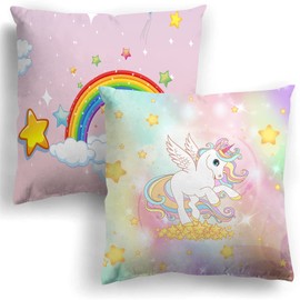 MUSOLEI Unicorn Cushion Cover 45 x 45 cm 2 Children's Velvet Cushion Cover Rainbow Unicorn Decorative Cushion Cover Plush Sofa Cushion Cover with Zip Pillowcases Girls, Unicorn C