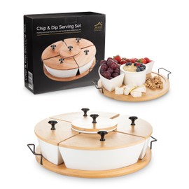 DEVA Home Design Chip & Dip Serving Set | Appetizer Set With Rotating Bamboo Lazy Susan Tray| White Ceramic Bowls With Bamboo Lids | Black Handle Tray | 11.22” Round Party Platter | Giftable