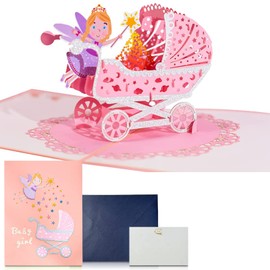 NEWUPZSI Greeting Card for the New Baby, Pop-Up 3D Greeting Cards, Birthday Cards, Greeting Cards, Birth Baby Cards, First Birthday Card for Girls, Pink, 3D Pram Card
