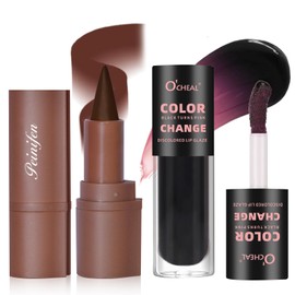 Noerrors 2Pcs Lip Liner Lip Gloss Set, Magic Red Brown Lip Combo for Gradient Plumping Lips Pencil Temperature Color Changing Lip Oil Moisturizing Lip Tint pH Color Change Effect Lip Makeup Kit #Rose