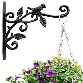 KiaoTime Cast Iron Metal 9.5" Hanging Planter Flower Pots Bracket Bird Feeder Hook Wind Chime Lanterms Hanger with Double Sided Bird for Indoor Outdoor Wall Fence Deck Trees Patio Garden Post Arm