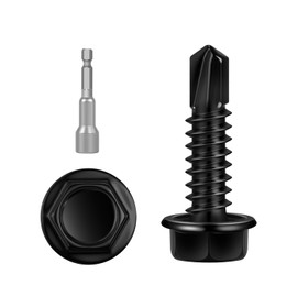 100 PCS #12 x 1 Sheet Metal Screws, Black Hex Washer Head Self Drilling Screw, Flanged Hex Self Tapping Screws, 410 Stainless Steel, Hex Bit Socket Included