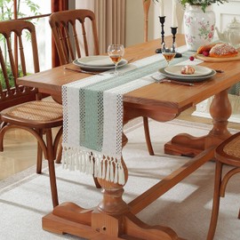 Boho Table Runner, Farmhouse Table Runners 72 Inches Long, Cotton Linen Rustic Table Runner, Macrame Table Decoration for Holiday Party, Wedding and Dining, 72 Inches, Green