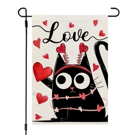 CROWNED BEAUTY Valentines Day Cat Garden Flag 12x18 Inch Double Sided for Outside Small Burlap Red Love Hearts Holiday Yard Decoration
