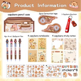 Anprola Cute Capybara Pencil Case Stationery Supplies Set Includes Pencil Bag, Ballpoint Pen, Notebooks, Sticky Notes, Correction Tape, Keychain and Stickers for Capybara Birthday Party Favors Gifts