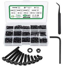 Foliv 655 Pieces M3 Screws Set, Carbon Steel Black Screws and Nuts Washers Set, Hexagon Socket Screws with Wrench Thread Screws