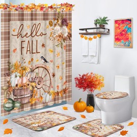 Arttown Hello Fall Shower Curtain Set with Toilet Lid Cover and Non-Slip Rugs, Autumn Pumpkin Floral Thanksgiving Harvest Farmhouse Vintage Retro 4 Pcs Shower Curtains for Bathroom Decor Accessories